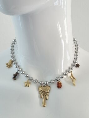 Unique Gold Dripping Heart Mixed Charm Ball Chain Necklace Silver & Gold Tone